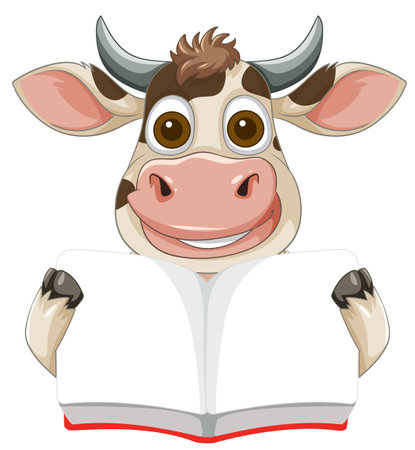 Cartoon cow holding an open book, smiling happilyのイラスト素材
