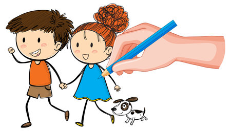 Illustration of kids and dog being drawnのイラスト素材