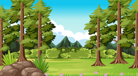 Lush forest with mountains under a clear skyのイラスト素材