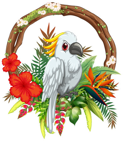 Illustration of a tropical bird surrounded by vibrant exotic flowersのイラスト素材