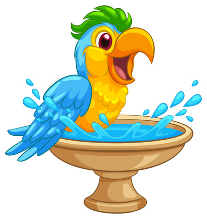 Vibrant vector illustration of a cheerful parrot splashing in a birdbath. Bright colors and playful composition enhance the lively sceneのイラスト素材