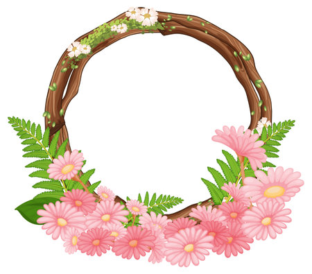 Circular wreath decorated with pink flowers, ferns, and wooden branchesのイラスト素材
