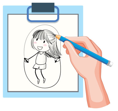 Hand drawing a happy girl on clipboardのイラスト素材