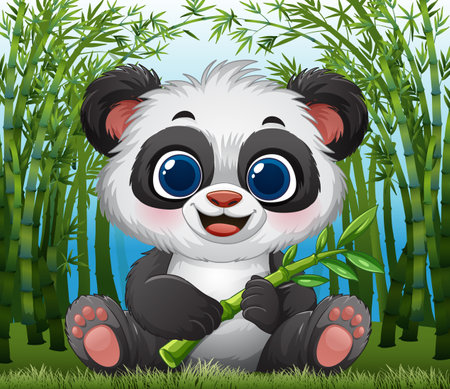 Adorable panda holding bamboo amidst lush greeneryのイラスト素材