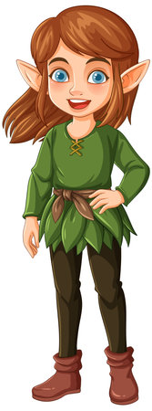 A vibrant vector illustration of a young fairy with brown hair, wearing a green outfit, exuding a playful and magical auraのイラスト素材
