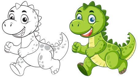 Colorful and monochrome cartoon dinosaur in a playful pose. Bright colors and smooth lines enhance the cheerful compositionのイラスト素材