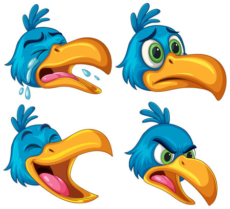 Colorful vector illustration of a hornbill showcasing various emotions. Features vibrant colors and playful cartoon styleのイラスト素材