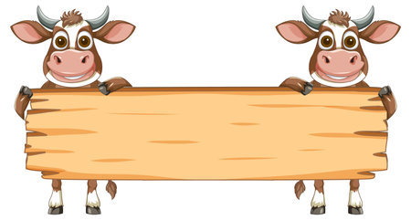 Two cartoon cows holding a blank wooden signのイラスト素材