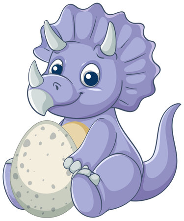 Adorable purple triceratops holding an egg, cartoon style, vibrant colors, perfect for children's media and educational materialsのイラスト素材