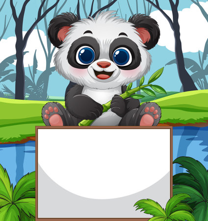 Adorable panda holding bamboo in a lush forestのイラスト素材