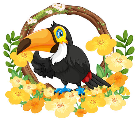 Illustration of a toucan bird with colorful flowers and leafy frameのイラスト素材
