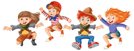 Four animated children joyfully jumping, showcasing vibrant colors and dynamic poses in a playful vector illustration styleのイラスト素材