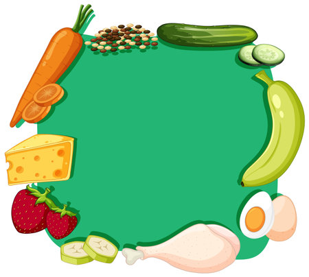 Vector illustration of diverse foods forming a vibrant border. Includes fruits, vegetables, and proteins on a green backgroundのイラスト素材