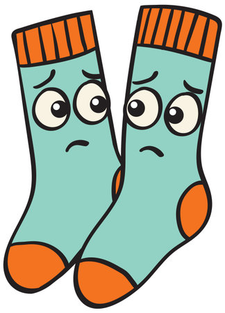 Vector illustration of two cartoon socks with expressive eyes and emotions, featuring bold outlines and vibrant colorsのイラスト素材