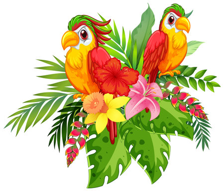 Vibrant parrots perched among lush tropical flowers and green foliageのイラスト素材