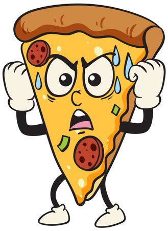 Cartoon pizza slice with arms and legs, showing an angry expression. Bright colors and bold outlines enhance the playful styleのイラスト素材