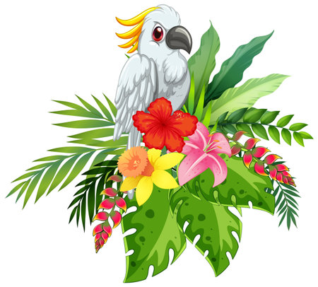 Illustration of a bird surrounded by vibrant tropical flowers and leavesのイラスト素材