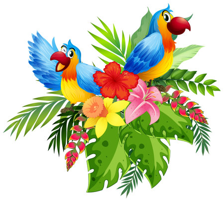 Two vibrant birds perched among tropical flowers and lush greeneryのイラスト素材