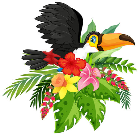 Colorful toucan bird surrounded by vibrant tropical flowers and leavesのイラスト素材
