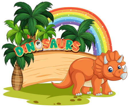 Playful vector illustration of a dinosaur with vibrant colors, featuring a rainbow and lush palm trees in the backgroundのイラスト素材