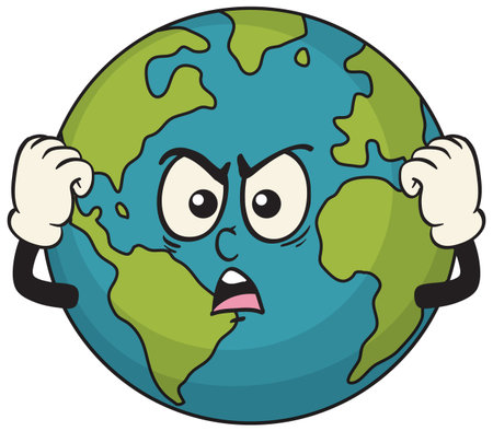 Vector illustration of an angry Earth character with expressive eyes and hands, using bold colors and cartoon styleのイラスト素材