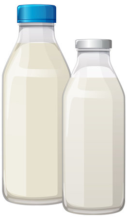 Two milk bottles with blue and silver caps, rendered in a realistic vector style with detailed reflections and shadingのイラスト素材