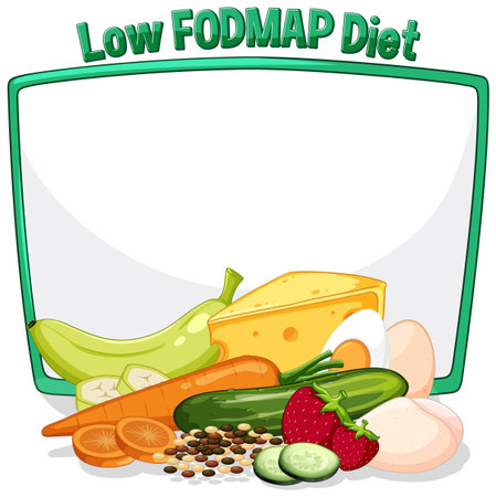 Colorful vector illustration of low FODMAP foods with a blank space for text. Includes fruits, vegetables, and cheeseのイラスト素材