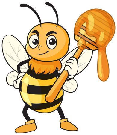 Vector illustration of a smiling bee holding a honey dipper. Bright colors and playful style create a cheerful atmosphereのイラスト素材