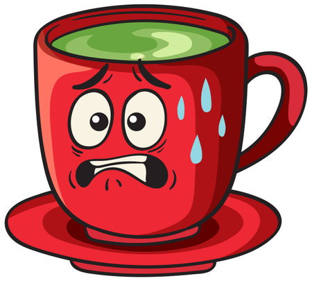 Vector illustration of a red teacup with a worried expression and green liquid inside. Bold colors and cartoon styleのイラスト素材