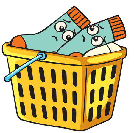 Vector illustration of expressive socks in a yellow basket. Bold colors and cartoon style enhance the playful themeのイラスト素材