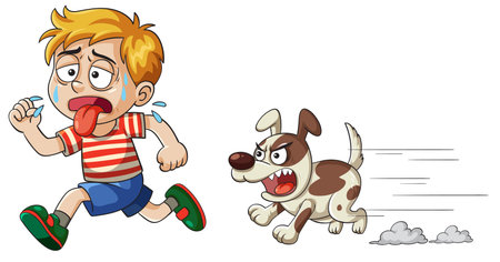 A cartoon boy runs from an angry dog. Bright colors and exaggerated expressions enhance the humorous chase sceneのイラスト素材