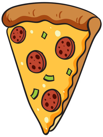 Vector illustration of a pepperoni pizza slice with cheese and green toppings in a cartoon styleのイラスト素材