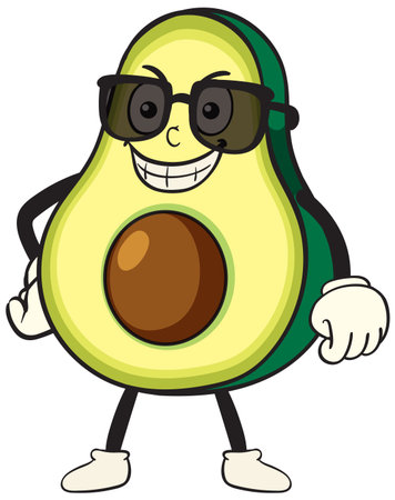 Vector illustration of a smiling avocado character wearing sunglasses, with a playful and vibrant styleのイラスト素材