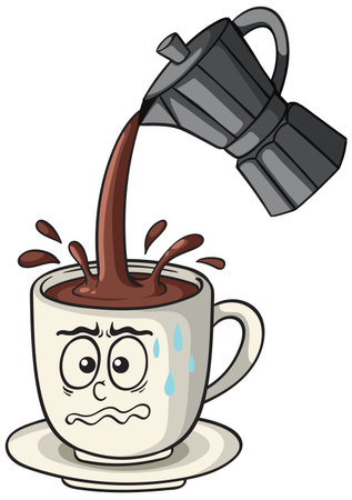 Vector illustration of a cartoon coffee cup with a worried expression, overflowing with coffee from a moka potのイラスト素材