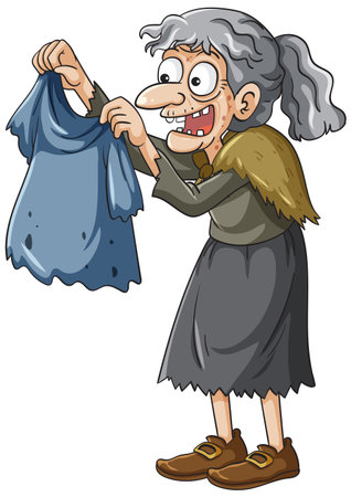 Cartoon illustration of an elderly woman excitedly holding a worn blue cloth, showcasing expressive features and vibrant colorsのイラスト素材