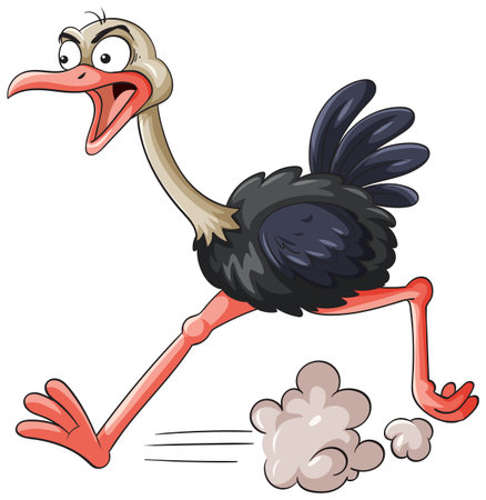 A whimsical vector illustration of a cartoon ostrich running energetically, showcasing vibrant colors and dynamic motionのイラスト素材