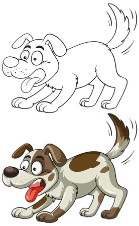 A lively cartoon dog illustration in both color and outline styles, showcasing energetic movement and expressive featuresのイラスト素材