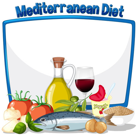 Colorful vector illustration of Mediterranean diet staples with vibrant colors and clean composition, highlighting healthy food choicesのイラスト素材