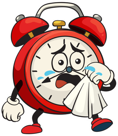 A cartoon alarm clock with a sad expression, holding a tissue. Bright colors and expressive style enhance the emotional impactのイラスト素材