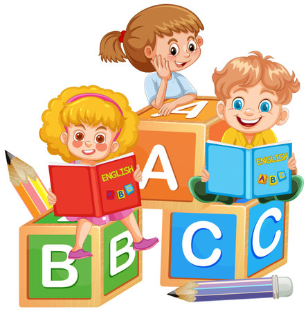 Colorful vector illustration of children engaging with alphabet blocks, emphasizing playful learning and education in a vibrant styleのイラスト素材