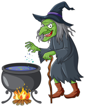 A green-skinned witch stirs a bubbling cauldron over a fire, showcasing a classic cartoon styleのイラスト素材