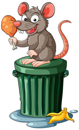 Vector illustration of a cheerful cartoon rat holding chicken while sitting atop a green trash can, with a banana peel and puddle belowのイラスト素材