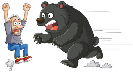 Cartoon vector illustration of a scared man fleeing from a fast, aggressive bear. Bold outlines,...