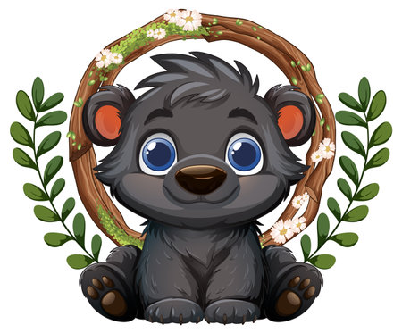 Cute bear cub surrounded by flowers and leavesのイラスト素材
