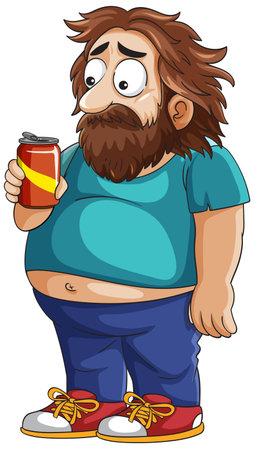 Vector illustration of a bearded man holding a soda can, featuring vibrant colors and a humorous styleのイラスト素材