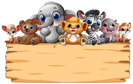 Cute animals gathered around a blank wooden signのイラスト素材