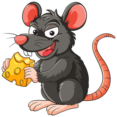 Vector illustration of a cheerful black rat gripping a wedge of cheese, rendered in a bold cartoon style with clean outlines and bright colorsのイラスト素材