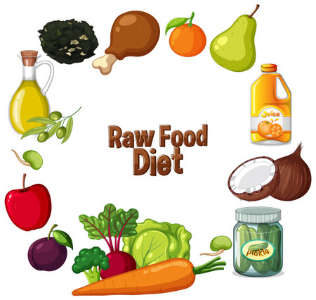 Vector illustration of diverse raw foods in a circular composition. Bright colors and clean lines emphasize healthy eatingのイラスト素材