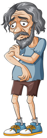 Cartoon illustration of an elderly man scratching his arm, wearing casual clothes, with a concerned expressionのイラスト素材