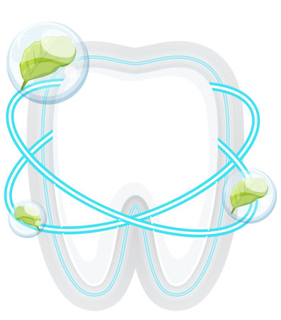 Vector illustration of a stylized tooth outline with blue orbit lines and green leaves in transparent bubbles, representing dental health and eco-friendlinessのイラスト素材
